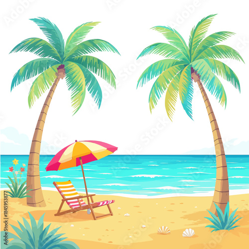 Tropical beach with palm trees, beach chair, and umbrella overlooking a calm turquoise ocean under a clear sky