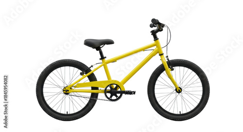 a vibrant glossy canary yellow children's bicycle with matte black accents, pristine and unused, isolated in a professional studio shot on a transparent background with open copy space. concept of