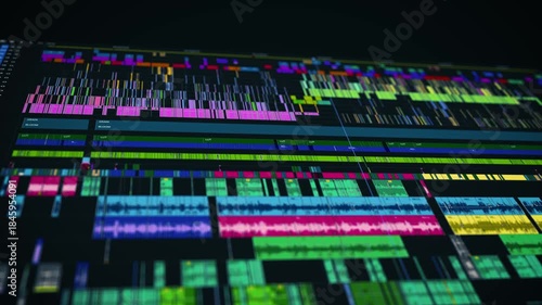Close-up of a colorful cinematic video editing timeline interface in professional post-production software, showcasing audio and video layers in a complex sequence.