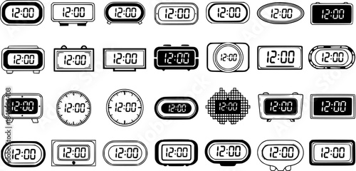 Collection of Digital and Analog Clock Icons Displaying 12:00, Black and White Vector Set of Timepiece Devices with Various Shapes and Styles