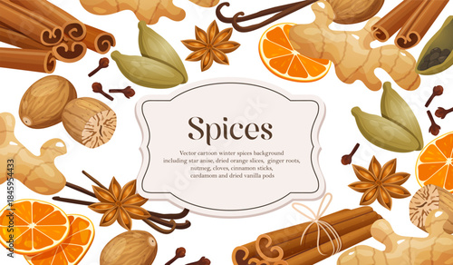 Vector cartoon background with various winter spices including cinnamon sticks, star anise, dried orange slices, ginger roots, nutmeg, cloves, cardamom pods and dried vanilla pods