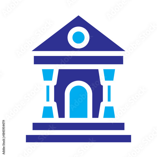 Two color style business icon of a bank building representing finance.