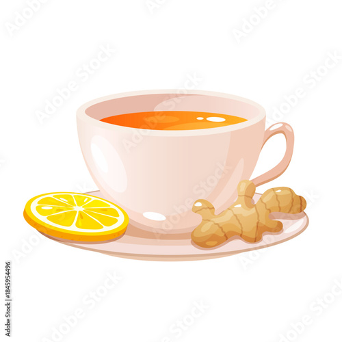 White porcelain teacup of ginger tea on a saucer with lemon slice and fresh ginger root isolated on a white background. Healthy herbal beverage for immunity boost, wellness, detox drinks, etc.