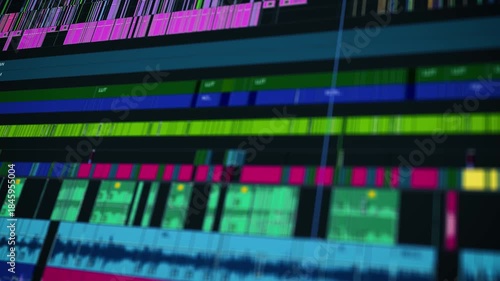 Close-up of a colorful cinematic video editing timeline interface in professional post-production software, showcasing audio and video layers in a complex sequence.