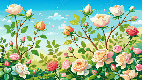 Beautiful spring floral border featuring a blooming rose bush with delicate rose hips against a clear blue sky, captured with soft selective focus for a fresh and romantic seasonal atmosphere