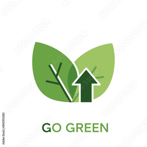 Go Green Concept with Leaves and Upward Arrow Symbolizing Environmental Growth and Sustainability.