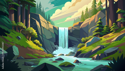 Dramatic low-angle landscape of an Oregon waterfall pouring over emerald mossy stones, with flowing water and dense forest creating a powerful yet peaceful natural atmosphere