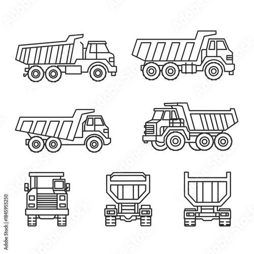 Outline Dump Trucks Construction Vehicles Set Heavy Machinery Icons.