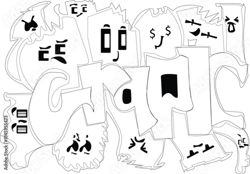 Abstract graffiti style lettering with various facial expressions.