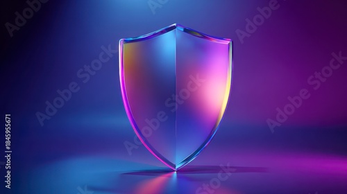 A translucent, glassy shield illuminated by vibrant blue, pink, and yellow hues. The object stands in the center against a deep purple background
