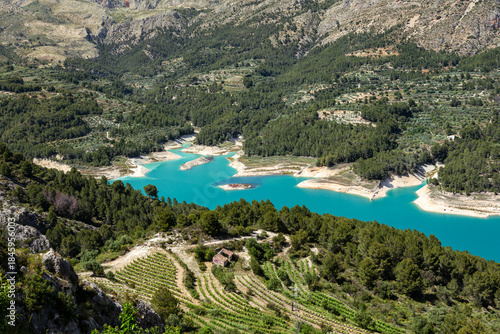 Valokuva Stunning aerial photo of a turquoise reservoir surrounded by lush vineyards, pine forests, and mountains in South Spain, perfect for travel, nature, and landscape inspiration