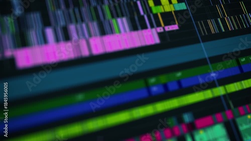 Close-up of a colorful cinematic video editing timeline interface in professional post-production software, showcasing audio and video layers in a complex sequence.