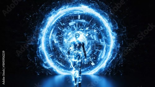 Humanoid Robot Standing Before a Glowing Blue Energy Portal and Abstract Light Explosion android cyborg.