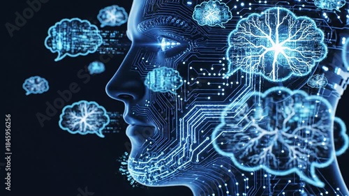 Profile of a Digital Human Head with Circuitry and Thought Bubbles Containing Brain Imagery artificial intelligence.