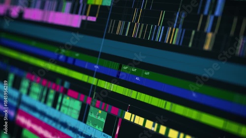 Close-up of a colorful cinematic video editing timeline interface in professional post-production software, showcasing audio and video layers in a complex sequence.