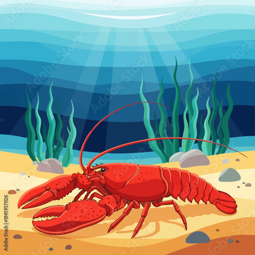 cartoon red lobster on the ocean floor