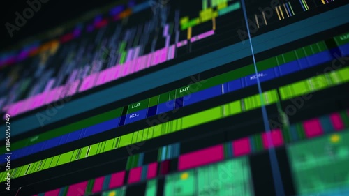 Close-up view of a cinematic video editing timeline interface with multitrack audio and video layers in professional post-production software for filmmaking and content creation