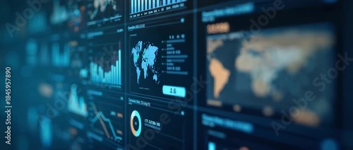 Wallpaper Mural Digital data dashboards animate in a sleek, cinematic style, with charts dynamically updating; camera slowly pans across the vibrant interface, highlighting global analytics trends. Torontodigital.ca