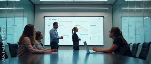 Team presentation in a modern conference room with professionals discussing data on a large screen; camera slowly pans across, capturing engaged expressions in a cinematic, corporate style.