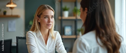 Professional women engage in a friendly business meeting, camera gently panning, ambient light flickering, creating a cinematic, office setting with ample copy space.