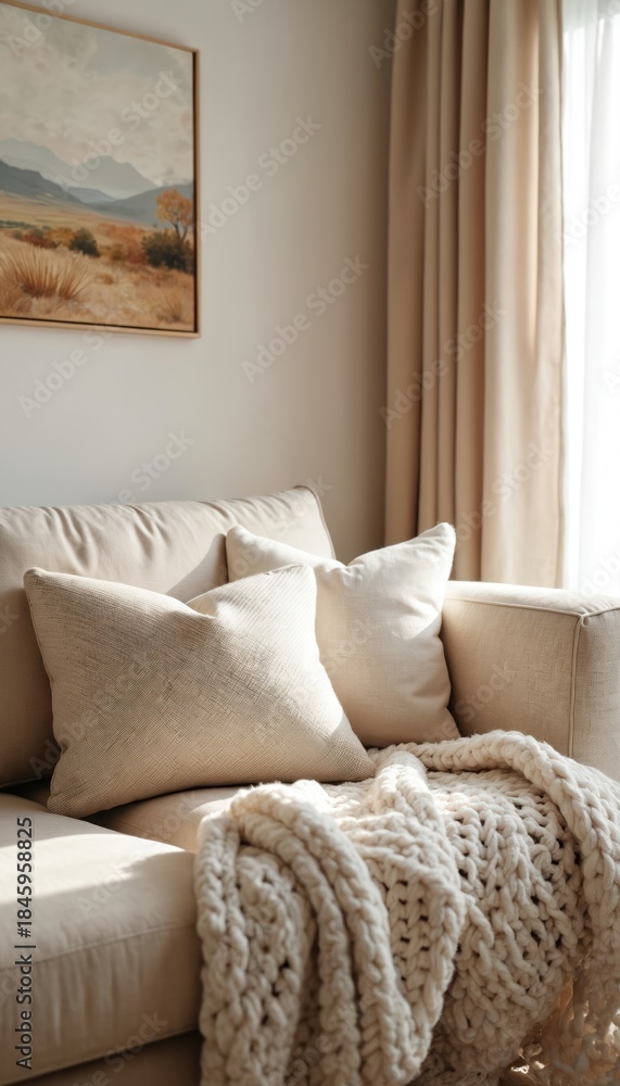 Fototapeta premium Cozy sofa with plush pillows and chunky knit blanket in softly lit living room. Neutral tones create serene ambiance, perfect for relaxation. Landscape painting adds artistic touch to interior.
