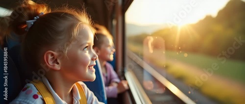 Joyful children gaze out a train window at sunset, their faces lit with wonder, as the camera slowly pans to capture the scenic landscape in a cinematic, heartwarming style.