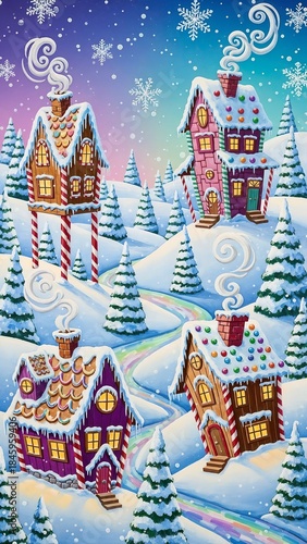 Colorful gingerbread houses with snow in winter landscape, concept of New Year, Christmas  