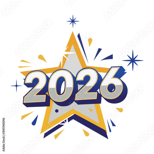 2026 New Year Star Burst Design Blue Gold White Celebration Vector Illustration