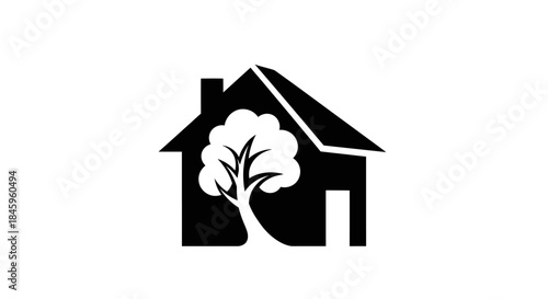 Eco-Friendly Home with Tree Silhouette - Sustainable Living Icon.