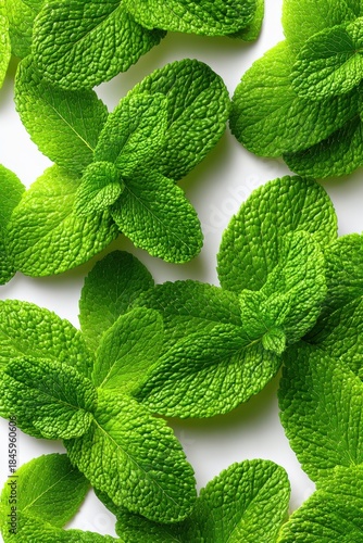 Vibrant Green Mint Leaves, Freshly Picked and Textured, Scattered on a Clean White Background.