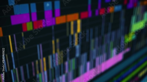 Close-up view of a cinematic video editing timeline interface with multitrack audio and video layers in professional post-production software for filmmaking and content creation