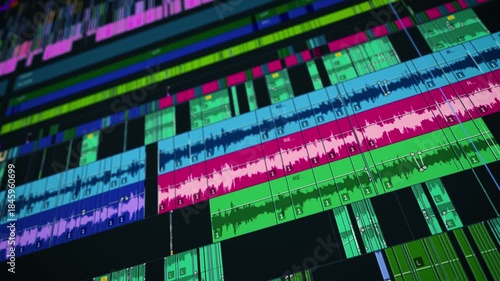 Close-up view of a cinematic video editing timeline interface with multitrack audio and video layers in professional post-production software for filmmaking and content creation