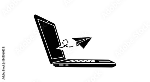 Laptop and paper airplane symbolizing digital communication and sending messages.