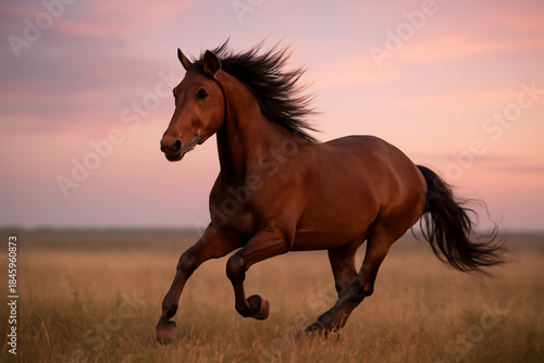 AI generated horse galloping through a golden field at sunset with its mane blowing in the wind. The vibrant sky fades from pink to violet creating a peaceful and dynamic scene of nature.