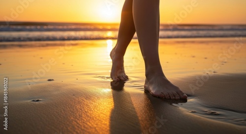 Barefoot woman walking on beach at sunset. Golden light. Gentle waves. Close-up view