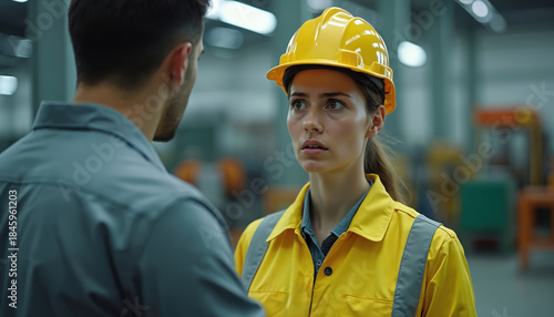 Woman industrial worker in yellow hard hat talks to male colleague in factory. Female employee looks concerned facing coworker at manufacturing plant. People work on production line.