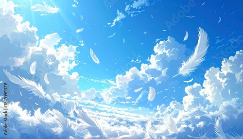 青空と白い羽根　AI生成素材
