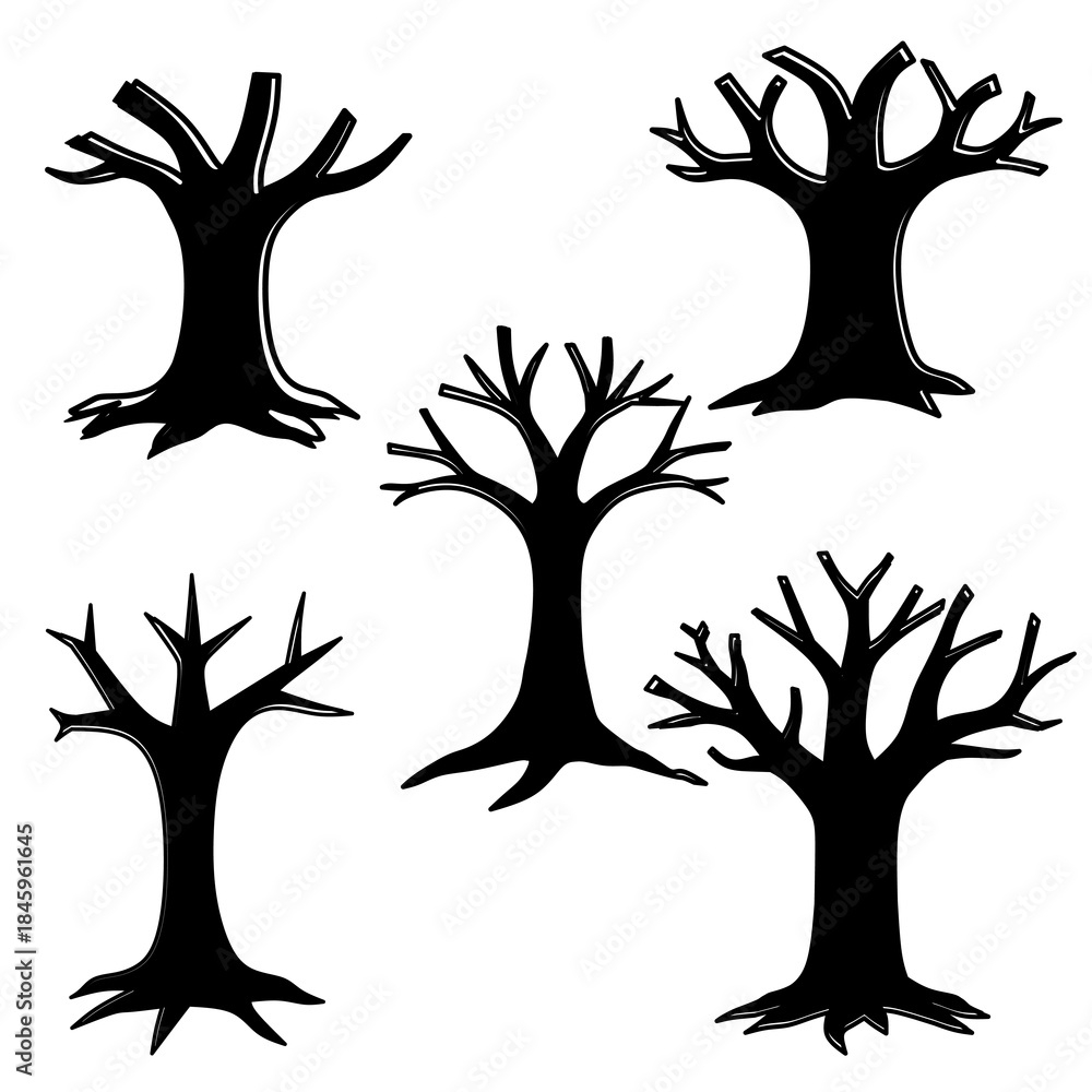 Fototapeta premium Bare Tree Silhouette Set in Hand Drawn Style for Nature Design