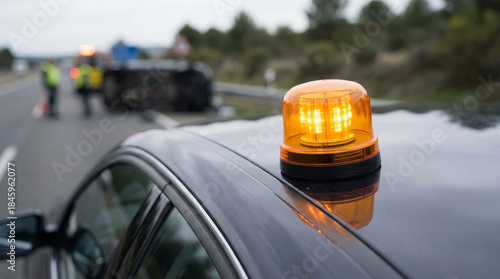 Homologated Emergency Vehicle Light (Luminous Beacon V16 DGT) for Damaged Cars — Mandatory Replacement by Warning Triangles, Road Safety Concept