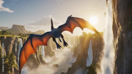 Majestic Pterodactyl Soaring Over Lush Waterfalls at Sunset.