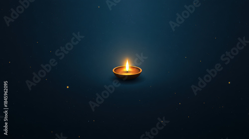Single small oil lamp glowing in vast darkness casting warm light and gentle reflection, peaceful contemplative atmosphere with subtle sparkles and deep blue background