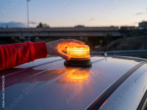 Hand of a Person Placing a Homologated Emergency Vehicle Light (Luminous Beacon V16 DGT) on Their Car — Mandatory Replacement for Warning Triangles, Road Safety Concept
