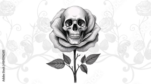 Gothic Black and White Skull rose Illustration Symbolizing Life and Death