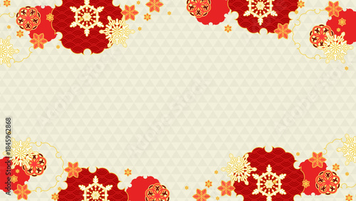 華やかな紅白の、和と雪の背景イラスト