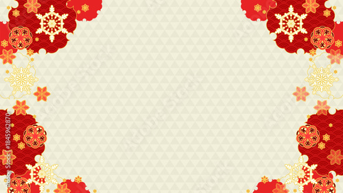 華やかな紅白の、和と雪の背景イラスト
