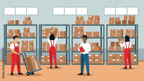Warehouse workers efficiently organizing and managing inventory