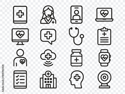 Digital Healthcare and Telemedicine Line Icons Set: Medical, Hospital, Doctor, and Health Symbols for Modern Design