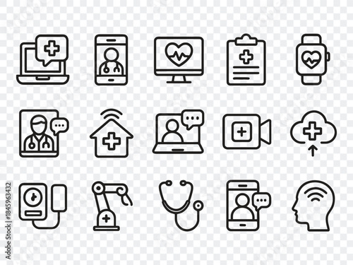 Digital Healthcare and Telemedicine Line Icons Set: Medical, Hospital, Doctor, and Health Symbols for Modern Design