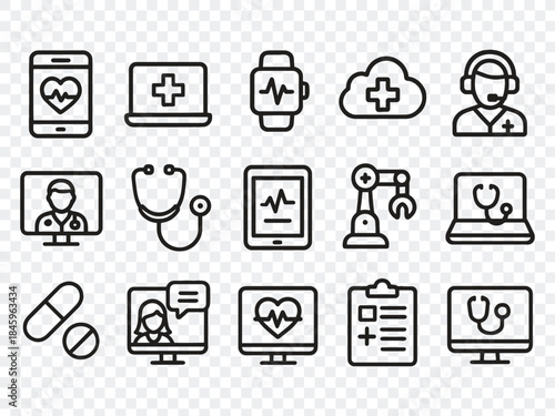 Digital Healthcare and Telemedicine Line Icons Set: Medical, Hospital, Doctor, and Health Symbols for Modern Design