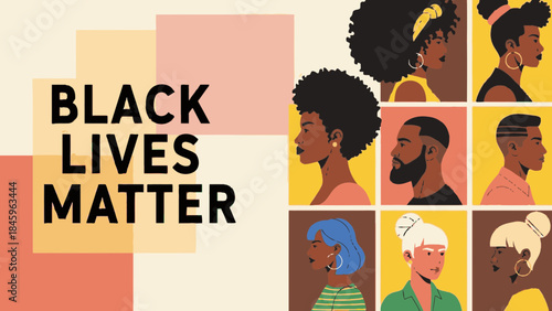 Diverse group of people supporting the Black Lives Matter movement in a vibrant illustration